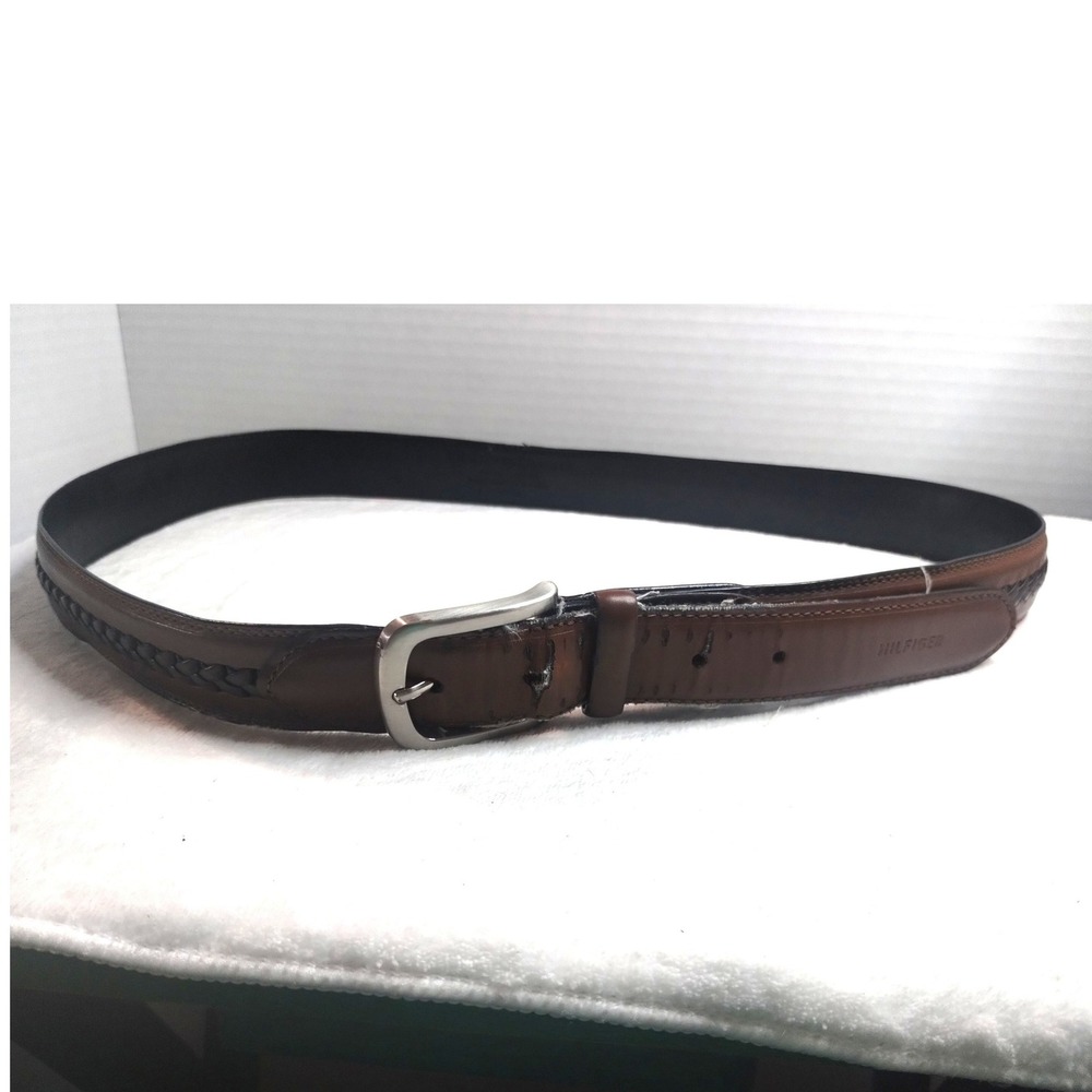 Tommy Hilfiger Mens Brown Coated Leather Braided Inlay Belt Silver Buckle 40/100